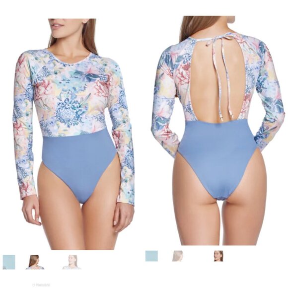 New PHAX Claridad Long Sleeve Blue Floral Color Block Paddle Swim Suit Women Sm - Picture 2 of 10